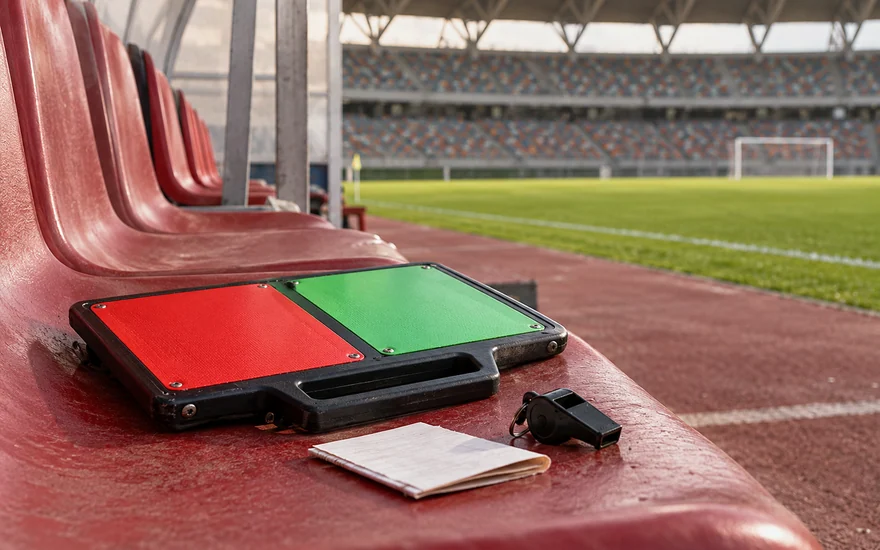 A face-down substitution board, whistle and sports ticket on a bench