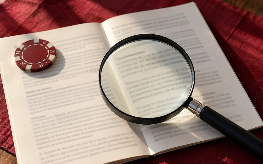 A magnifier above unreadable sportsbook rules with a chip holding the page