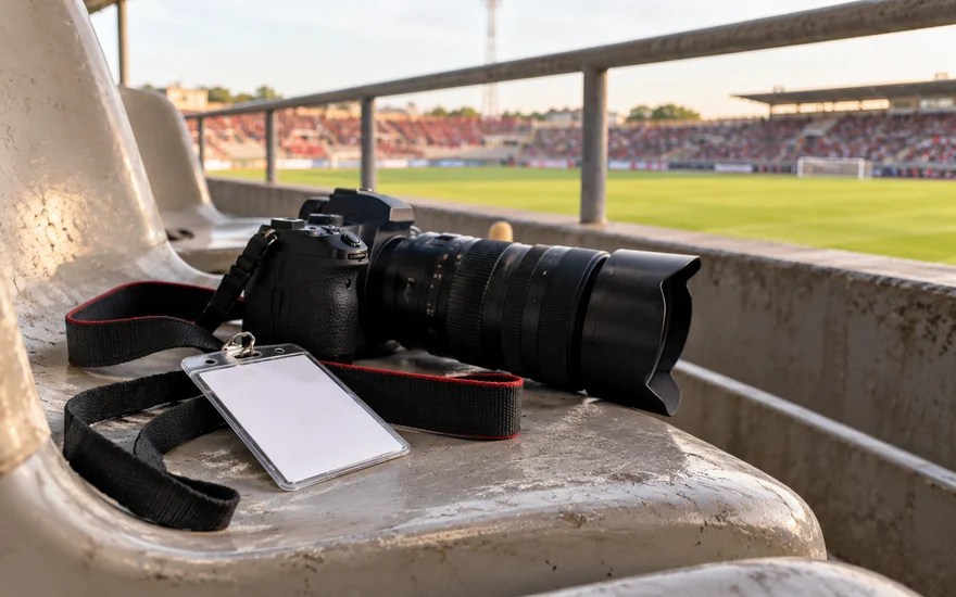 A sports press camera and anonymous pass on a stadium seat