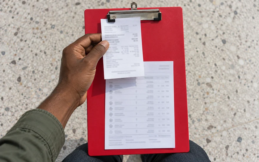 A hand holding a receipt against a red clipboard with a sports coupon