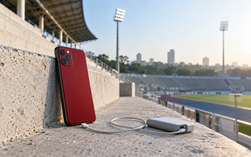A phone, charging cable and power bank on a concrete stadium step