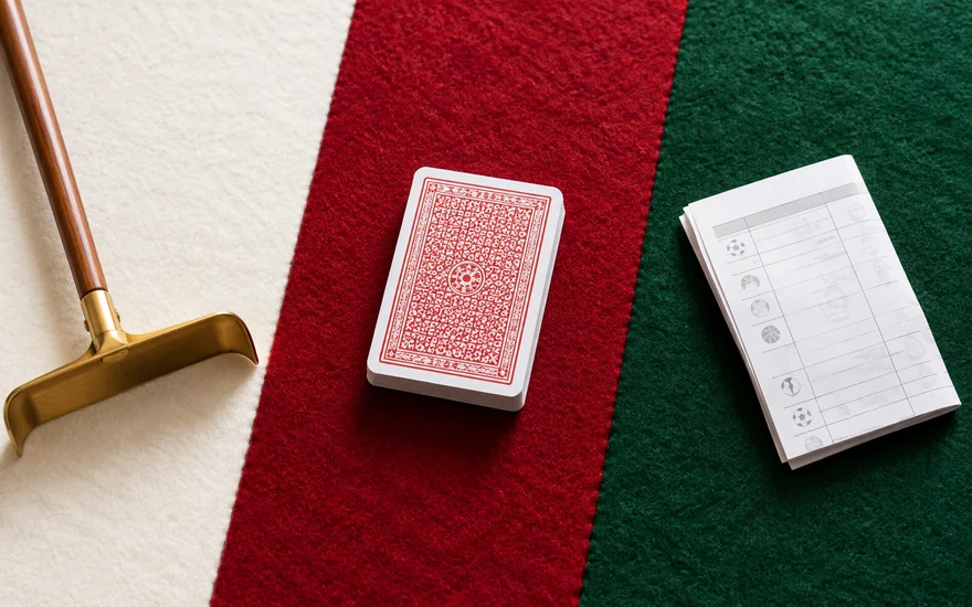 A casino rake, card deck and sports coupon on contrasting felt strips