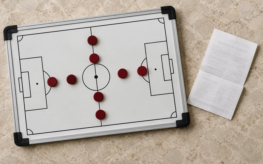 Plain magnetic markers on a physical football tactics board
