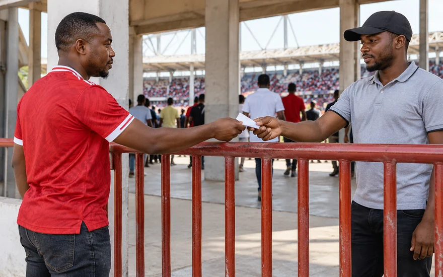 Two adult supporters passing a folded sports slip across an entry rail