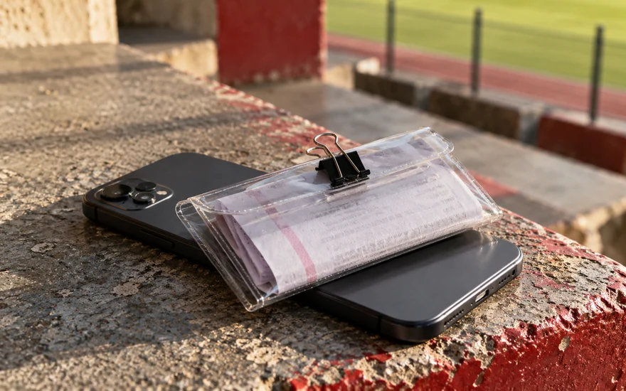 A folded sports coupon secured inside a transparent card sleeve
