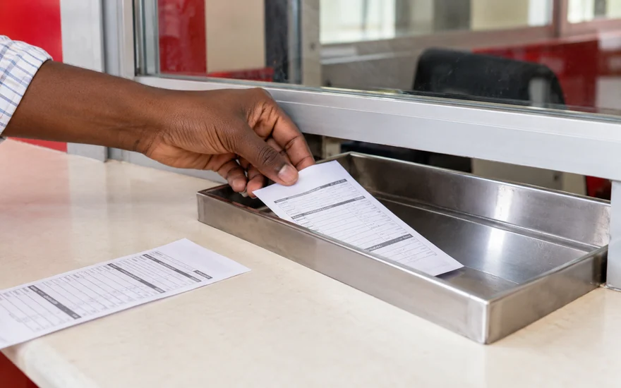 A hand placing a sports slip into a tray at a service window