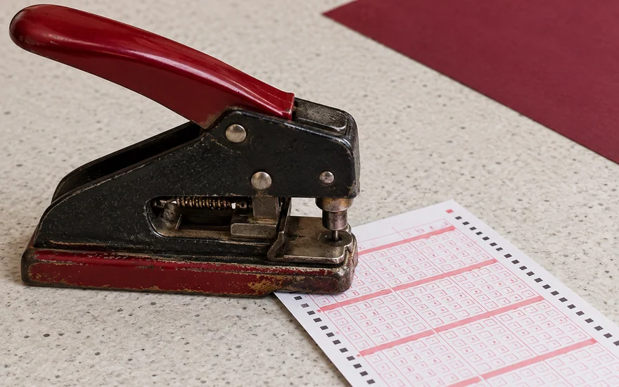 A mechanical ticket punch positioned above a sports coupon