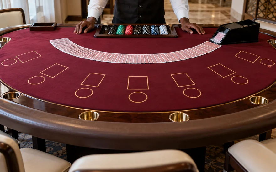 A blackjack table with face-down cards and a dealer shoe