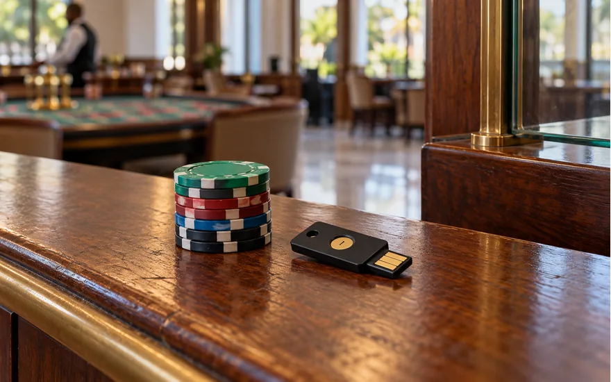 Roulette chips and a hardware security key at an unbranded cashier desk