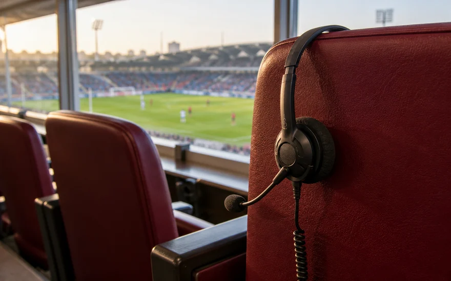 A wired headset hanging from a seat overlooking a football pitch