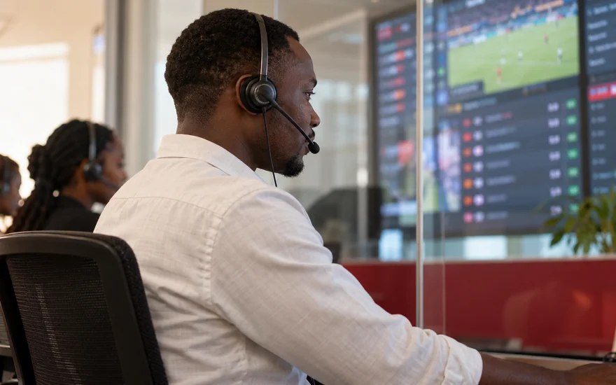 An adult support worker listening through a headset beside a glass partition