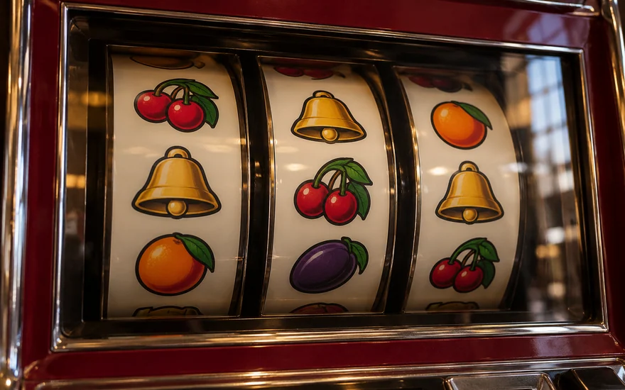 Fruit and bell symbols on the physical reels of a slot cabinet