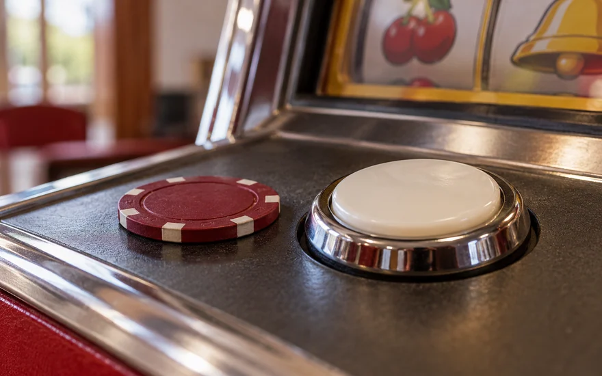 A plain gaming token beside the spin button of a slot cabinet