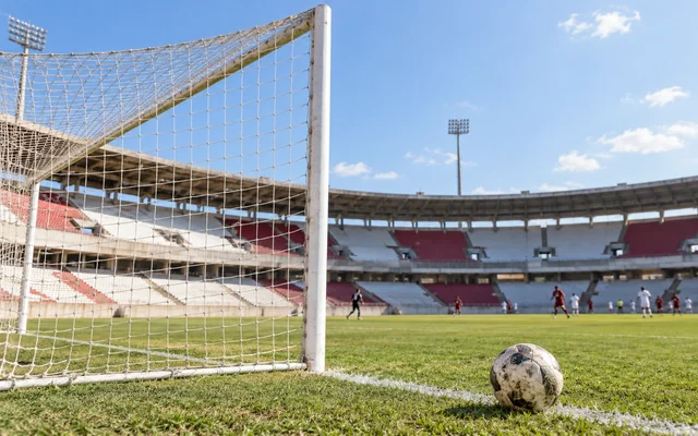 A football beside the goal net on a sunlit stadium pitch