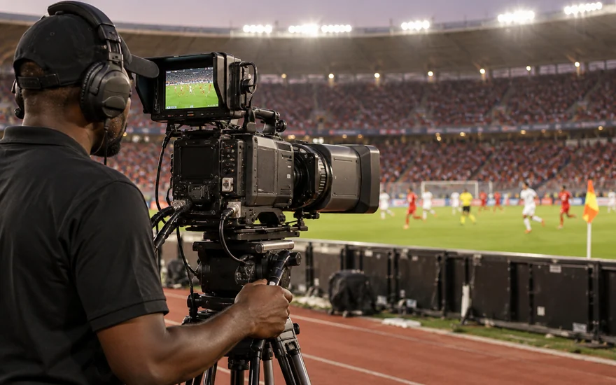 A stadium broadcast camera filming players across the field