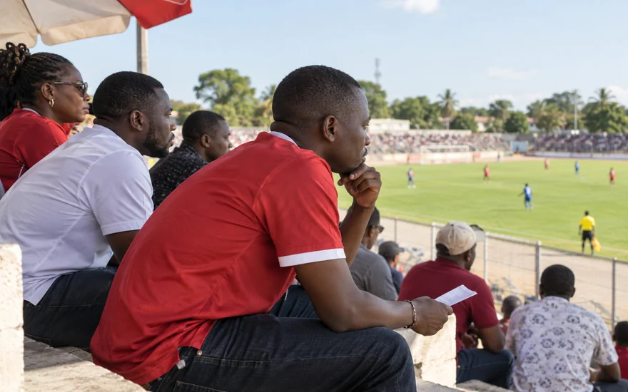 Adult spectators following a football match from concrete stands