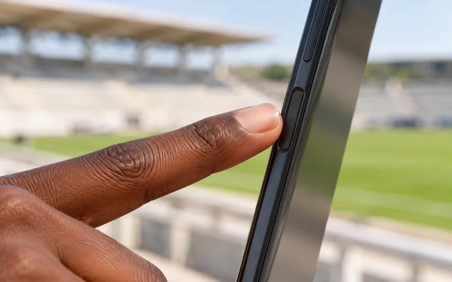 A fingertip approaching the fingerprint sensor on the side of a phone