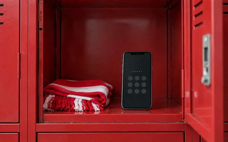 A phone and folded scarf inside an open stadium locker