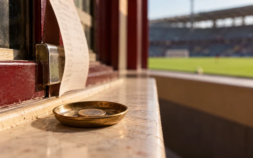 A single coin in a shallow brass dish beside a sports ticket on a window ledge