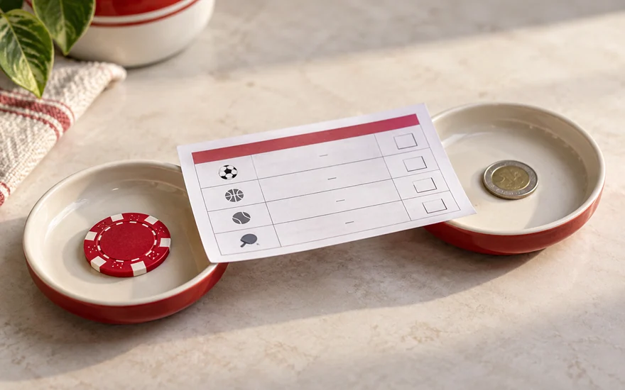 A sports coupon beside separate trays holding a plain coin and gaming chip