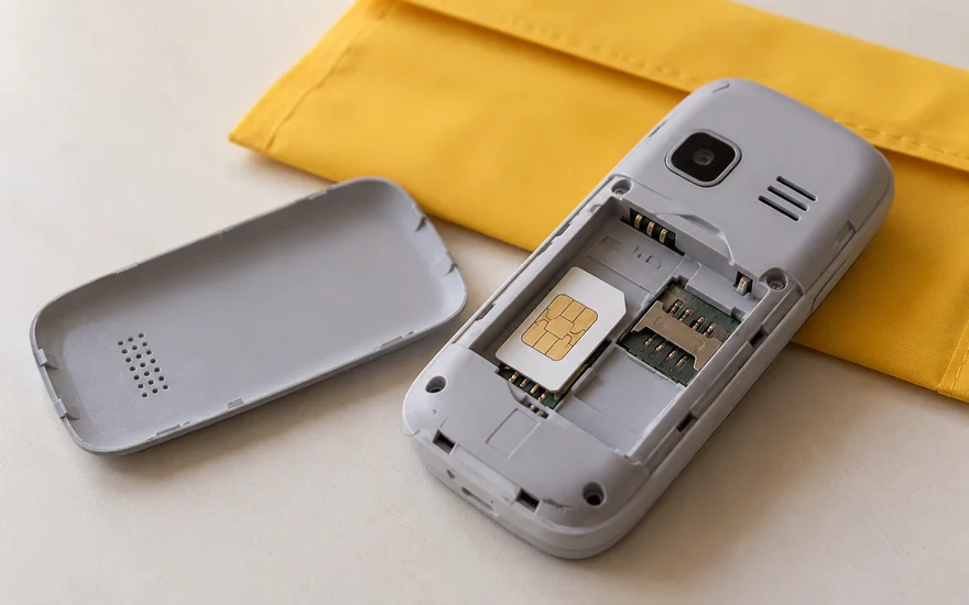 A SIM card inside the open battery compartment of a feature phone