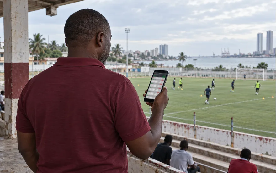 An adult spectator checks a sportsbook phone beneath a Tanzanian football pavilion