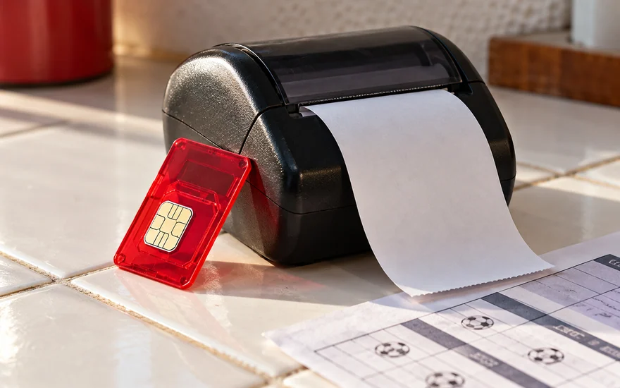 A translucent SIM holder beside a small receipt printer