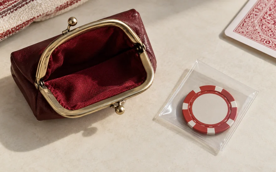 An empty open coin purse beside a plain casino token in a clear envelope