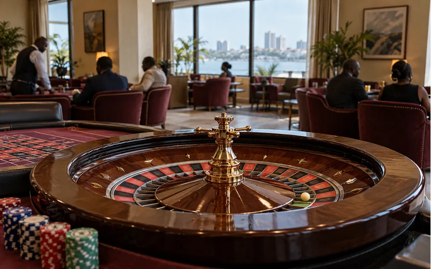 A complete roulette wheel in a modest Tanzanian casino lounge with burgundy seating