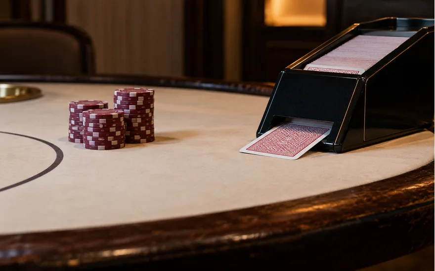 A dealer card shoe beside a stack of gaming chips on a cream casino table