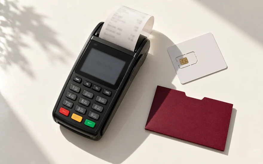 A payment terminal, thermal receipt and SIM carrier on a pale surface