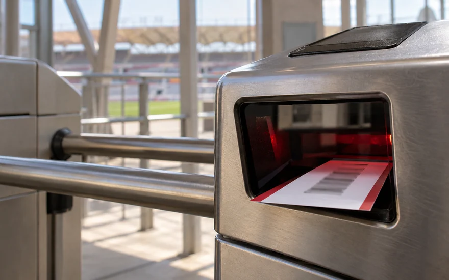 A paper ticket partly inserted into a stadium gate scanner