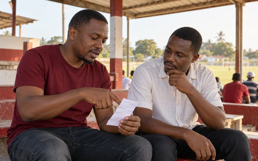 Two adult supporters examining a folded sports slip in a shaded pavilion