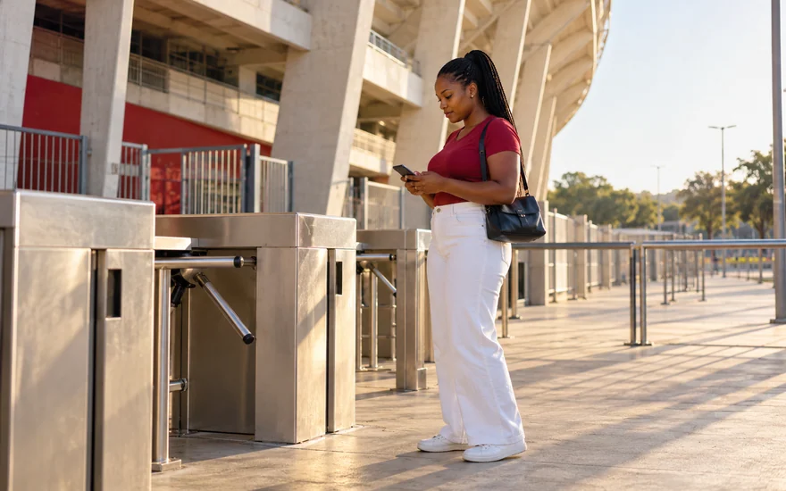An adult supporter checking a phone beside a stadium turnstile