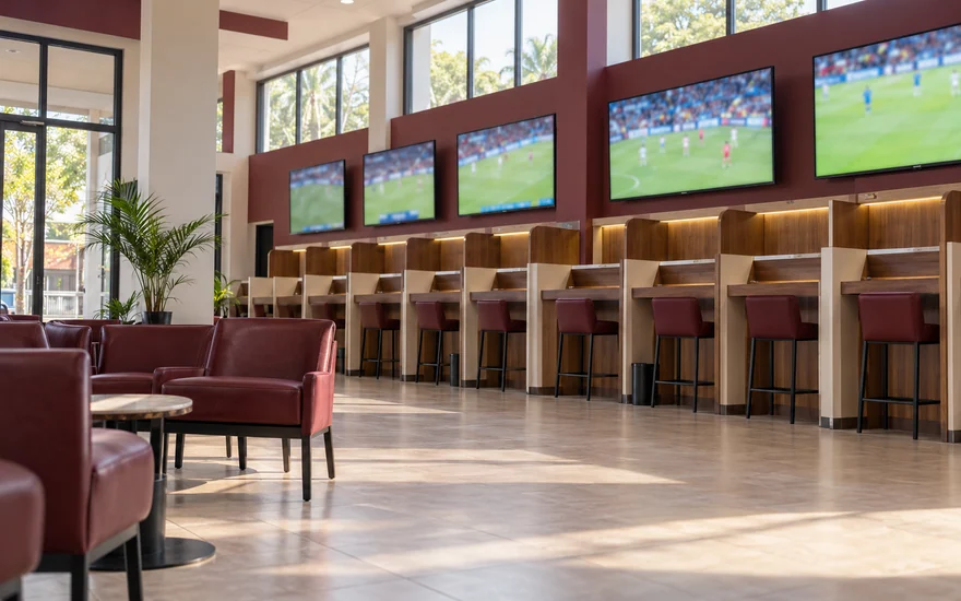 A quiet unbranded sportsbook hall with standing counters and football screens