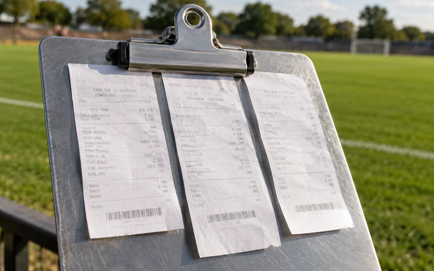Three sports slips held on a metal inspection clipboard