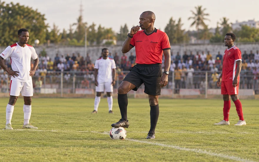 An adult football referee beside a ball on the pitch