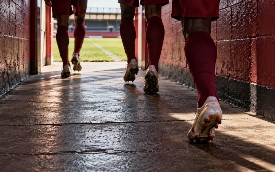 Adult players walking through a shaded tunnel towards the football field
