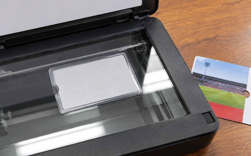 An anonymous card sleeve on a scanner beside a football ticket