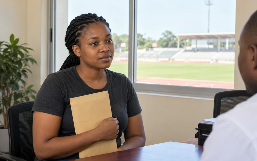 An adult customer holding a document envelope beside a stadium office window