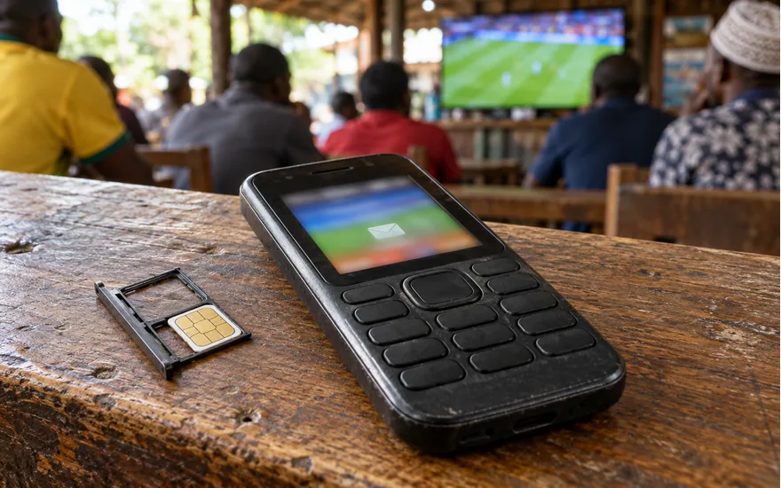 A SIM tray beside a feature phone showing an unreadable sports and SMS screen