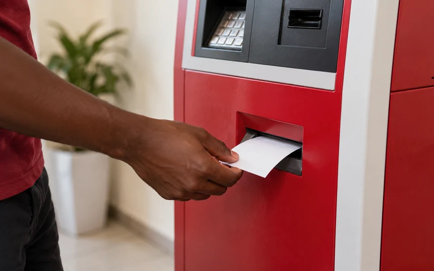 A receipt emerging from a cash dispenser beside a sports ticket