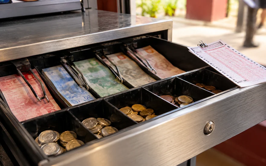 Separate note and coin compartments inside an open cash drawer
